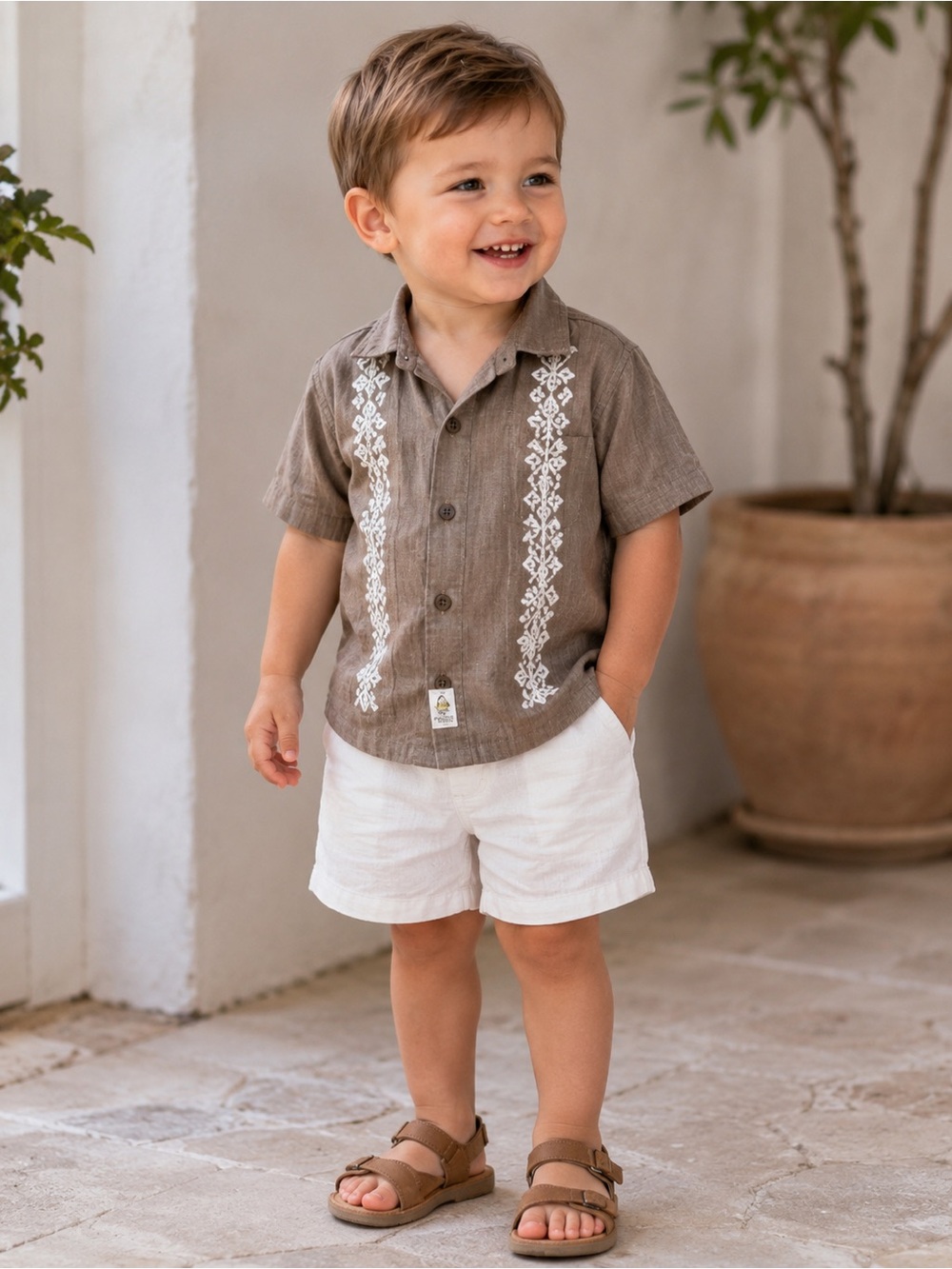 Janie & Jack 100% Linen Embroidered Button-Up Shirt 2T